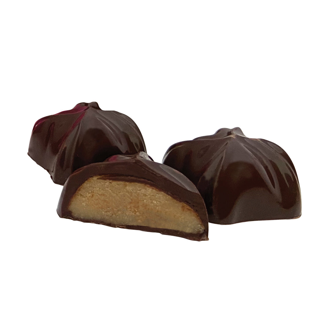 Bouchées de pâte d'amande 50% au sucre de canne trempé dans du chocolat noir