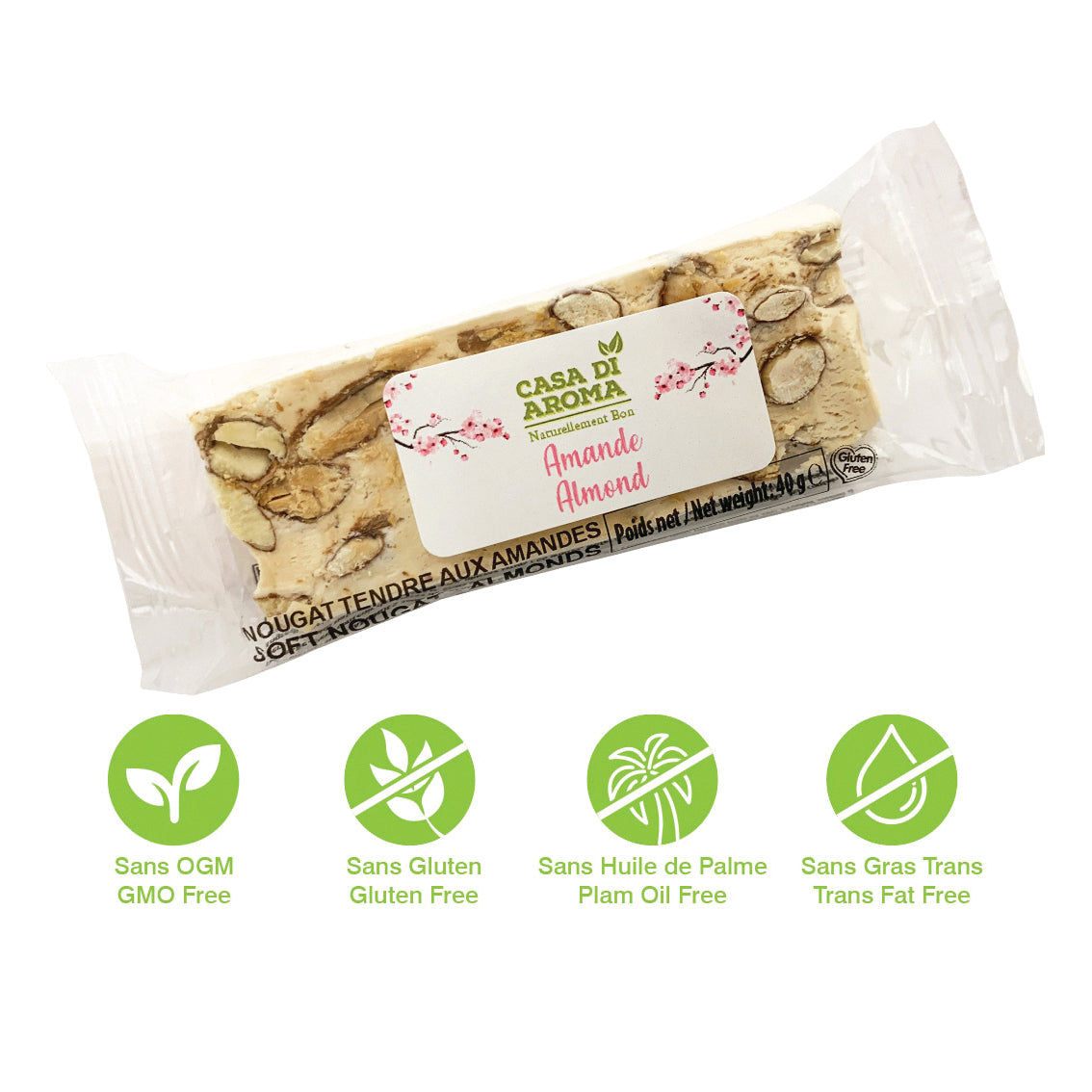 Amandes, Barre de nougat tendre au miel 40g