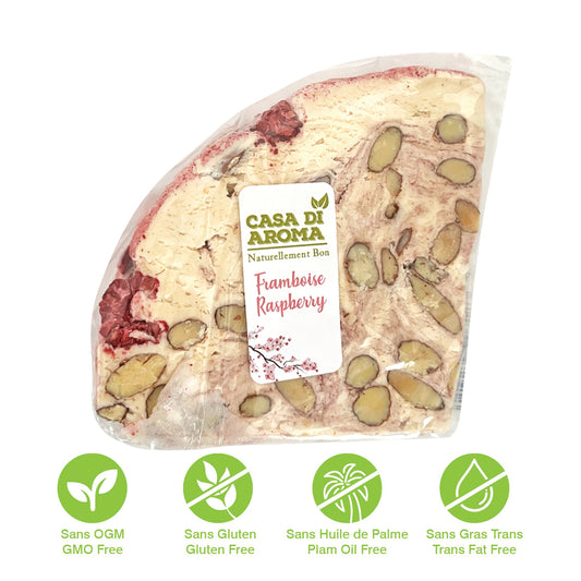 Nougat tendre miel et amande aux framboises 150g