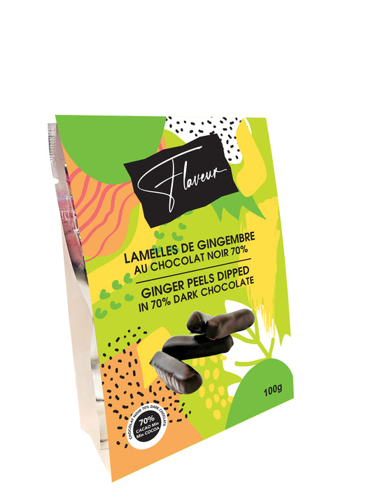 Écorces de gingembre trempées dans du chocolat noir à 70% FL0044