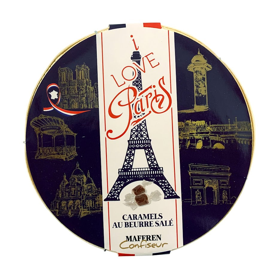 Paris round wooden box garnished with salted butter caramels