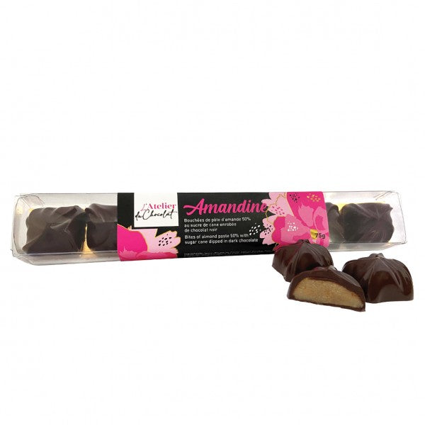 Bouchées de pâte d'amande 50% au sucre de canne trempé dans du chocolat noir